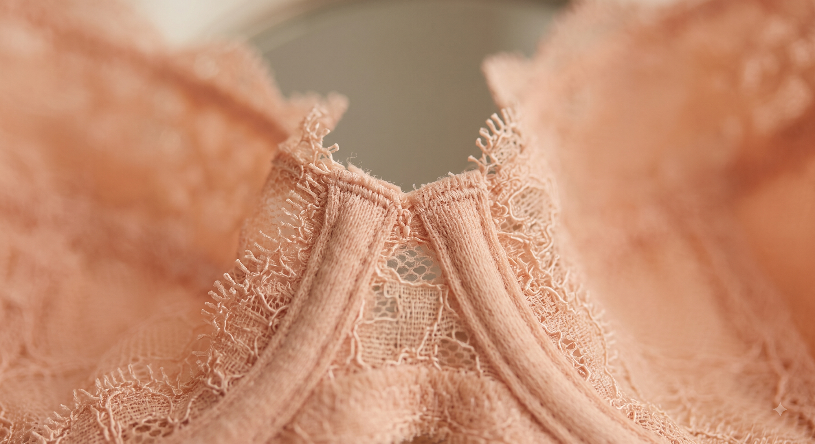 Construction & Fabric Terms Explained An extreme macro photograph focusing tightly on the intricate details of peach lace (the same lace as in Images 1 and 2), specifically highlighting the center gore, underwire channel, and delicate 'eyelash' trim of the bra.