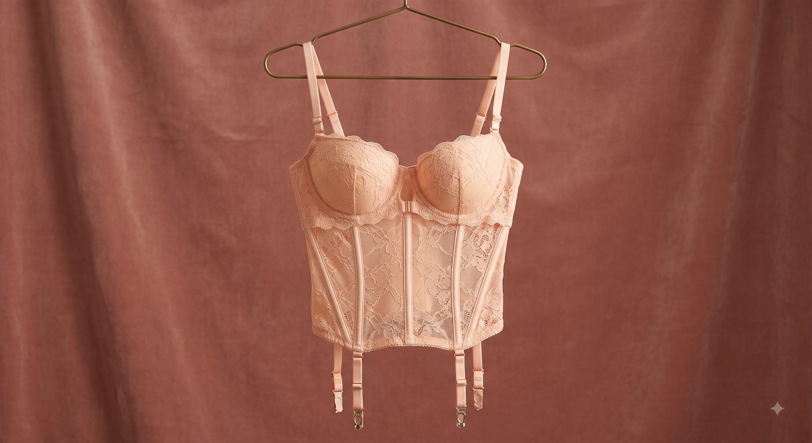 Corsetry & Speciality Lingerie Terms Explained A three-quarter studio portrait of a structured basque constructed from peach lace (consistent with Image 1), reinforced with internal boning and featuring attached suspender straps, hanging from a minimalistic brass hanger against a dusty rose velvet background.