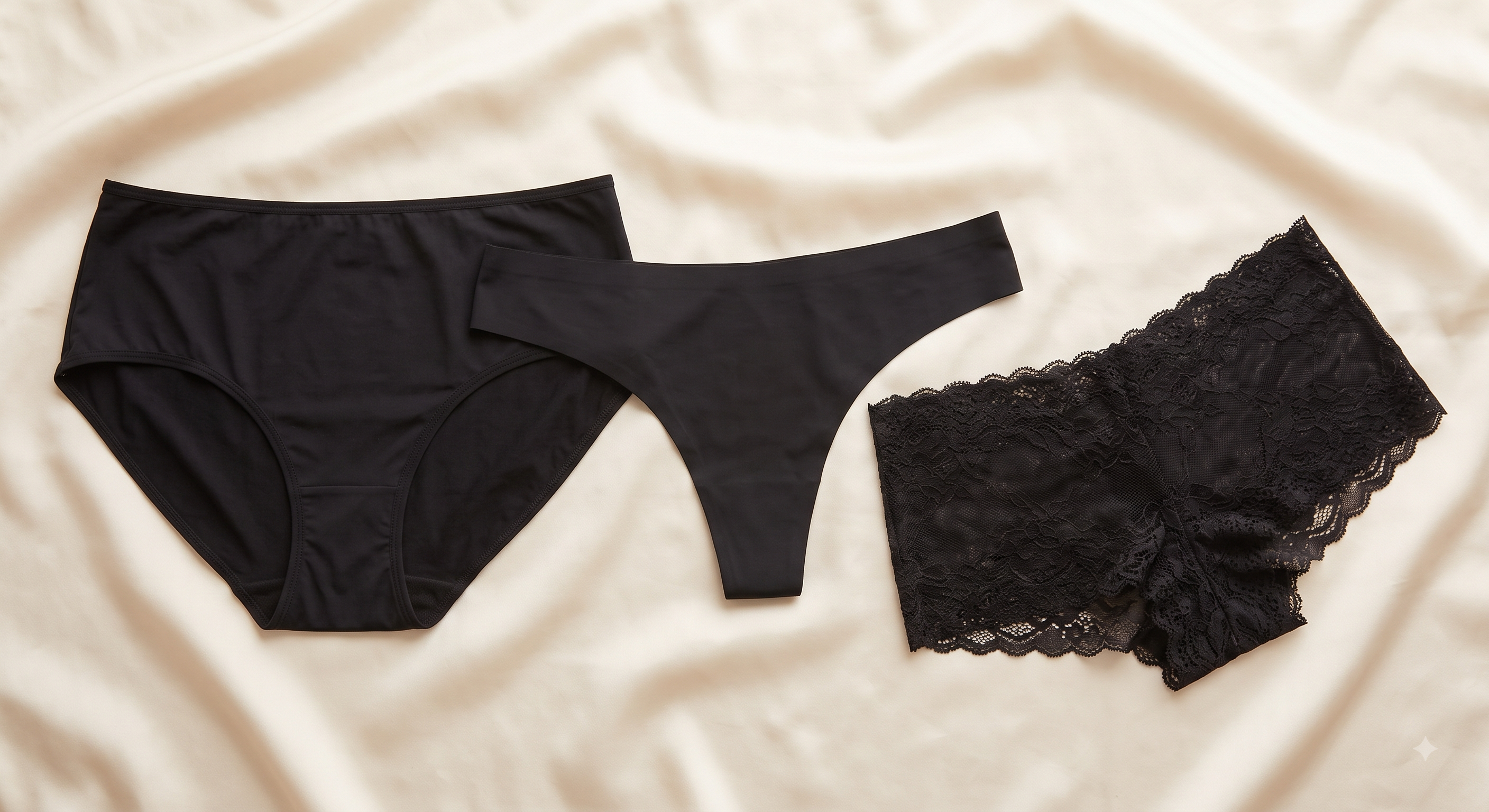 Knicker & Bottom Lingerie Terms Explained A high-angle flat-lay photograph showcasing three distinct black knicker styles: a full brief, a seamless thong, and a lace-trimmed boyshort, arranged neatly on a cream silk background.